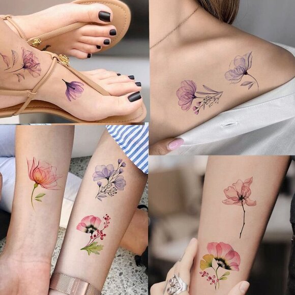 16 Sheets X-Ray Flower Temporary Tattoos for Women, Xray Watercolor Rose Lily Fl - Picture 5 of 7